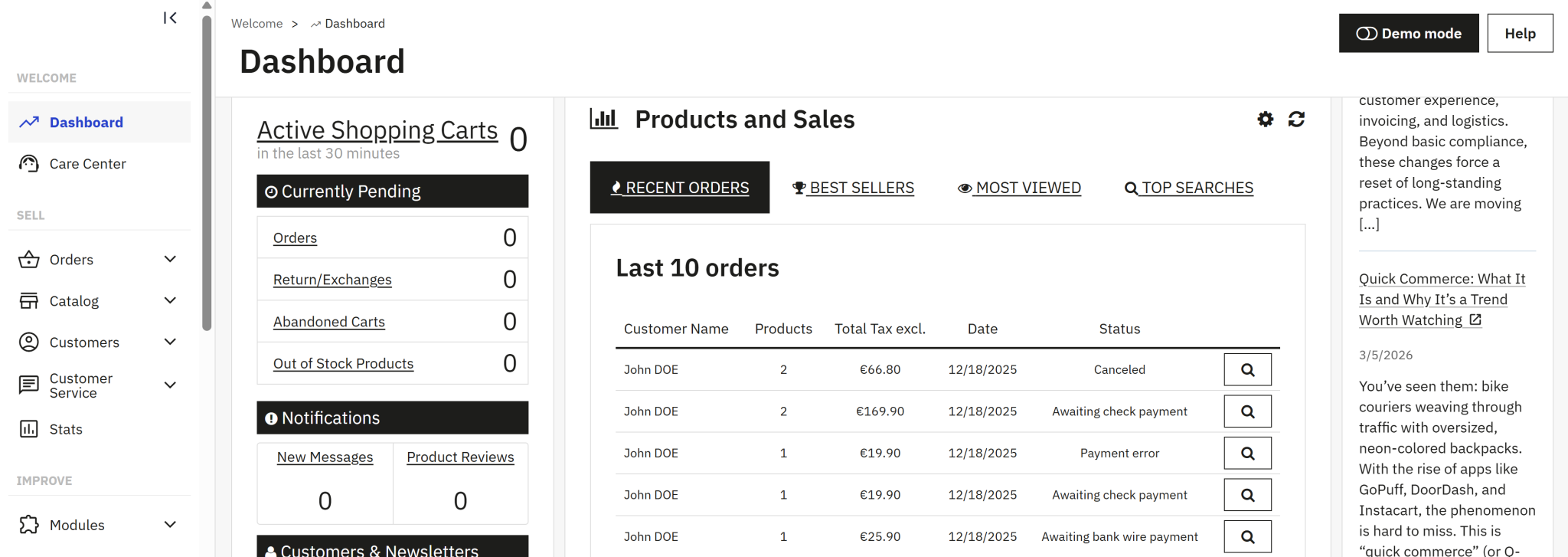 Tableau de bord administration PrestaShop — gestion des commandes et du catalogue